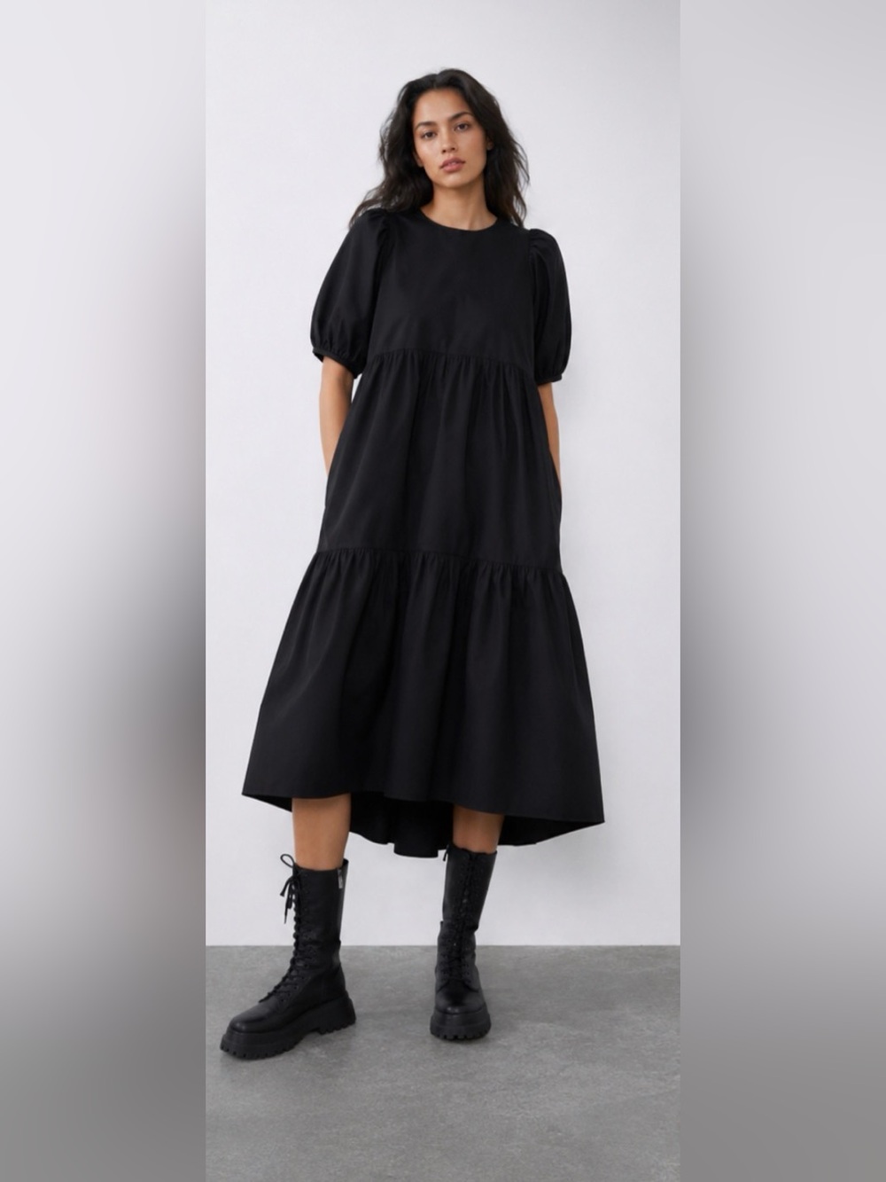 ZARA Black Poplin Tiered Midi Dress Puff Sleeves Size L Cotton Asymmetric Boho